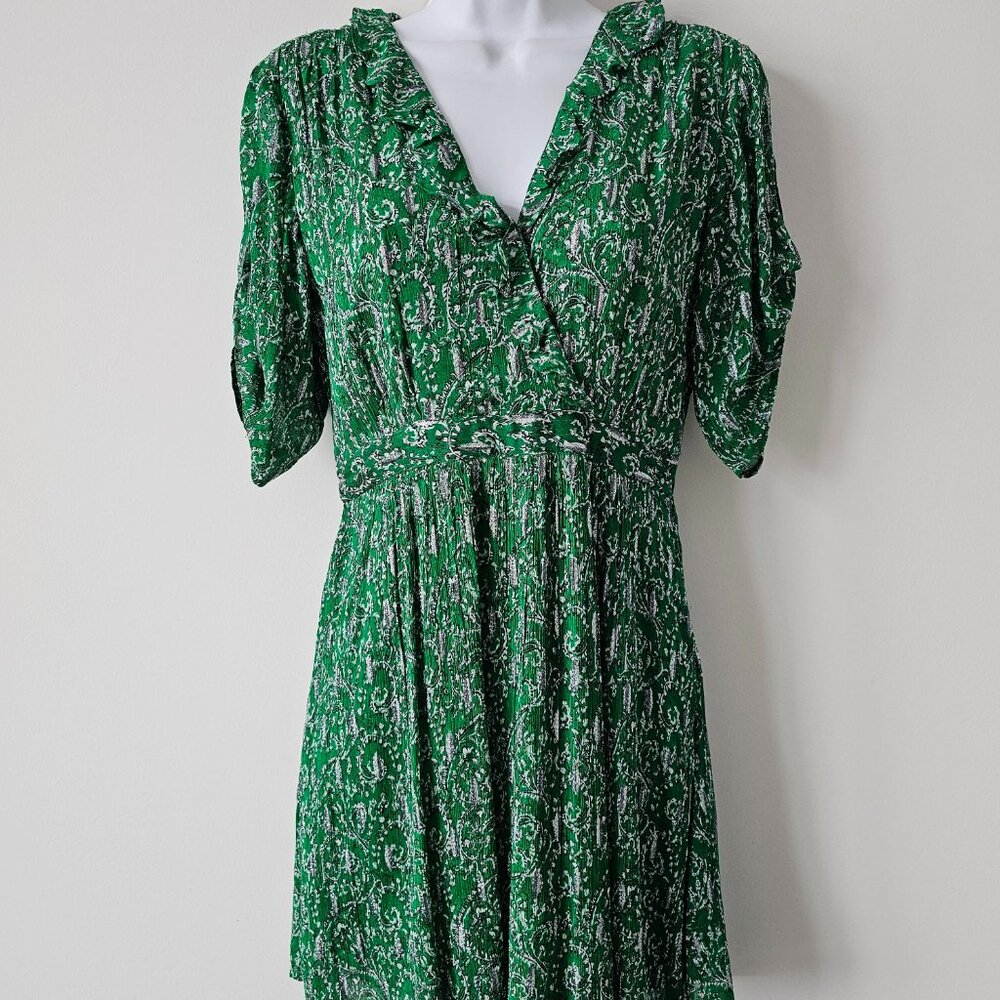 New BA&SH Clem Metallic Paisley Vert Green Short Sleeve V-Neck Dress 6